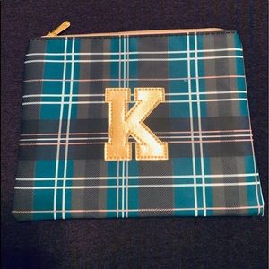 “K” initial plaid makeup bag
